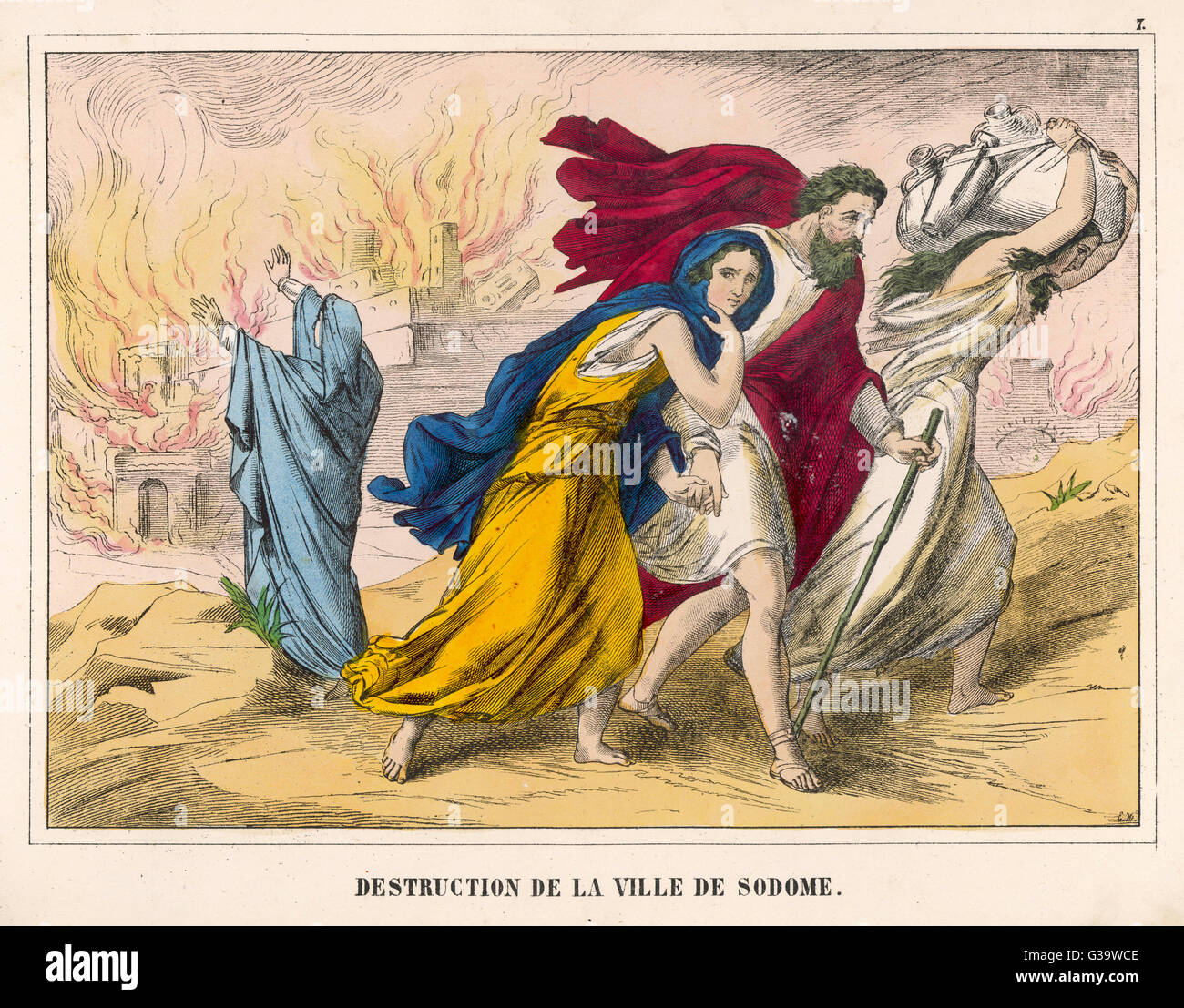 Lot et ses filles fuient les villes de la plaine, mais sa femme se tourne pour un dernier regard et se transforme en une statue de sel Banque D'Images