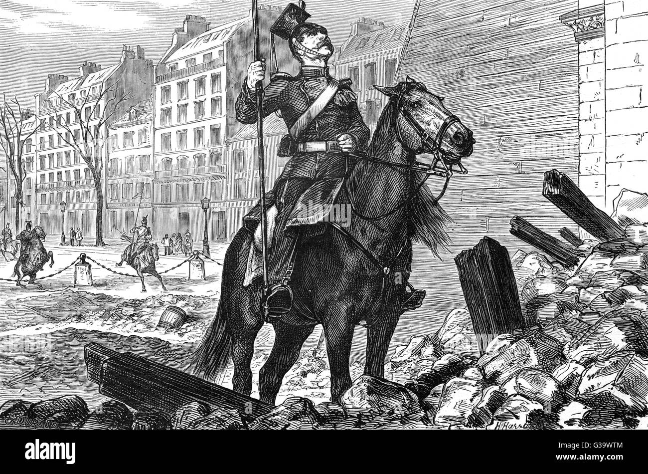 Un Uhlan prussien envisage l'Arc de Triomphe : bien que les Parisiens se sentent humiliés, les Prussiens de rester en ville pour seulement trois jours Date : 1-3 mars 1871 Banque D'Images