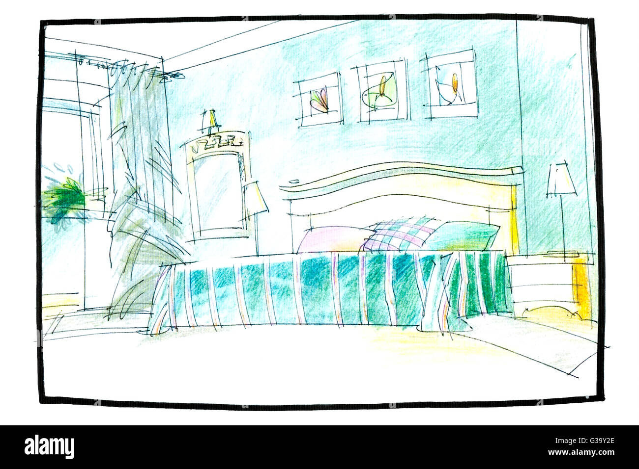 Dessin de l'intérieur chambre à coucher avec lit double et un crayon window Banque D'Images