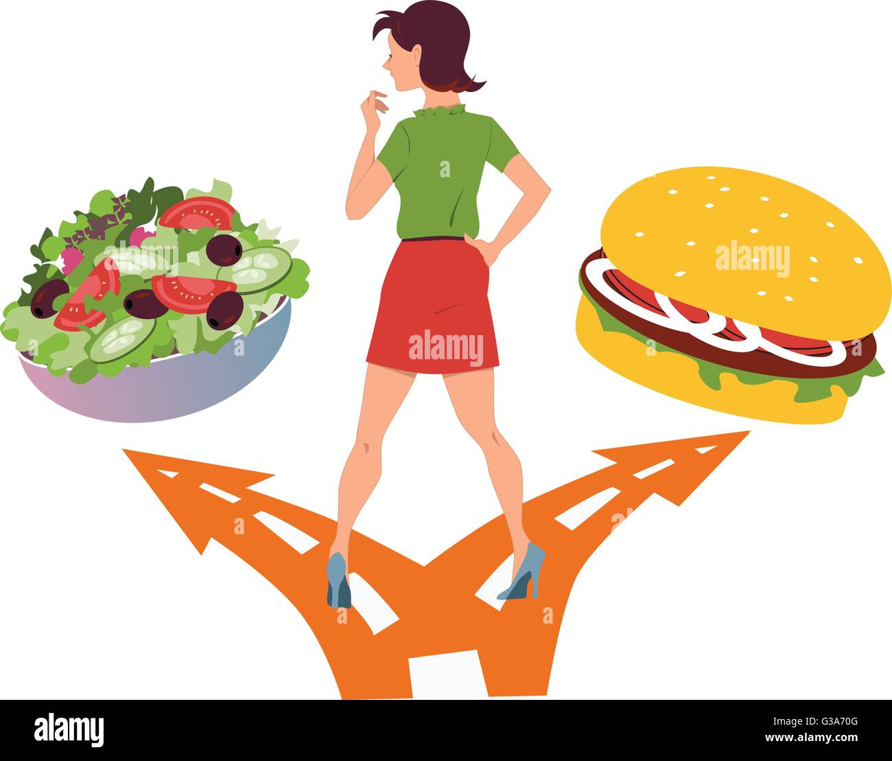 De saines habitudes alimentaires. Femme debout à la croisée des chemins, le choix entre une salade et un hamburger. 8, aucun vecteur EPS transp Illustration de Vecteur