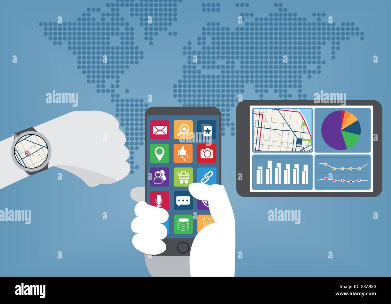 Partout l'informatique mobile concept avec hand holding smart phone, smart watch et tablette. Illustration de Vecteur