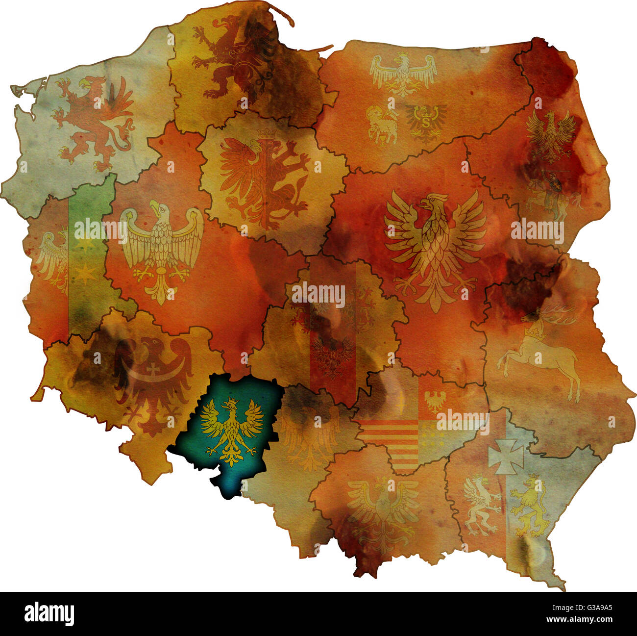 Grunge carte des provinces en pologne avec opolskie plus visible Banque D'Images