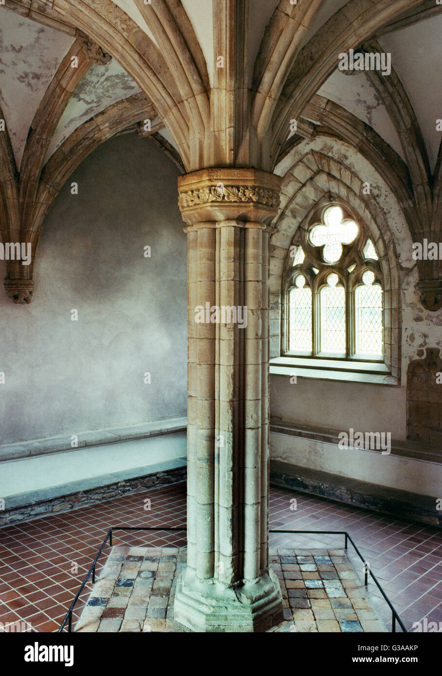 C 15ème chapitre de l'abbaye cistercienne de Glenluce, Dumfries et Galloway : un 4-compartiments naît d'une voûte nervurée shafted central pier. Banque D'Images