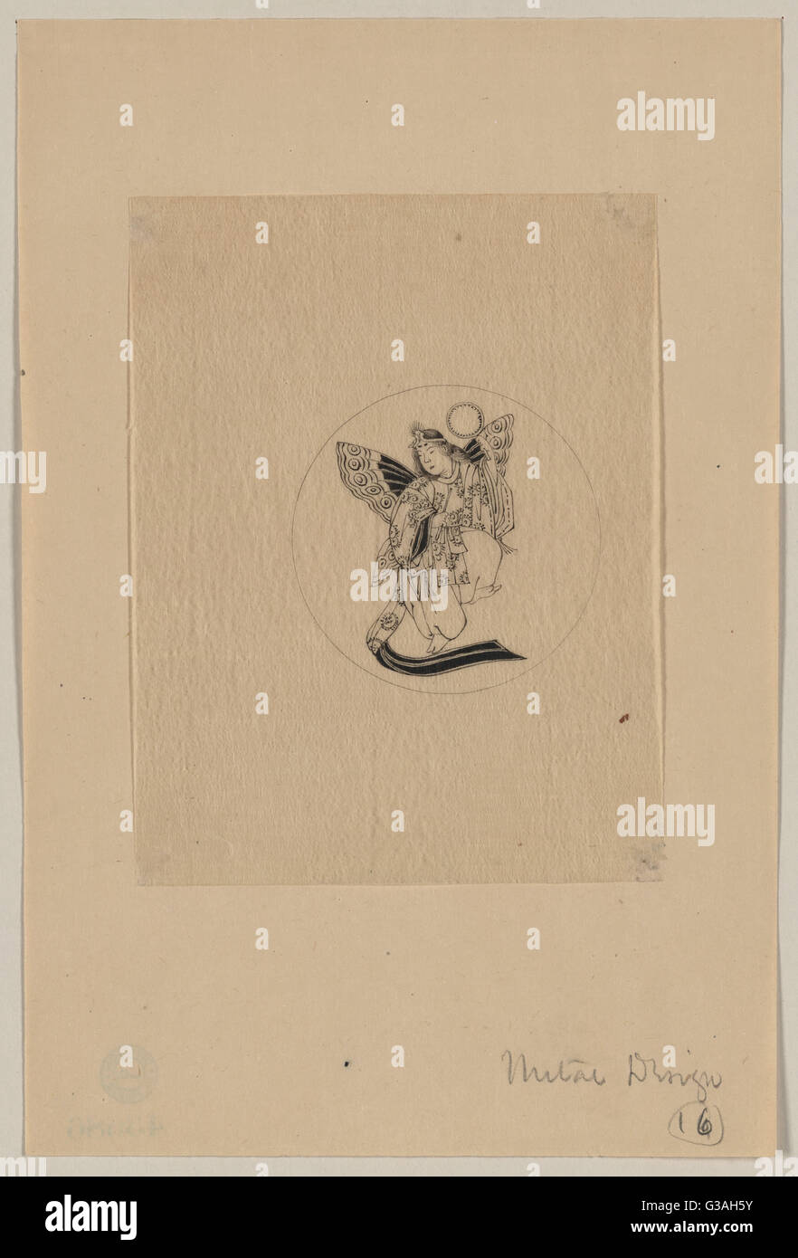 Conception de métal dans un cercle montrant une femme avec des ailes, pos Banque D'Images