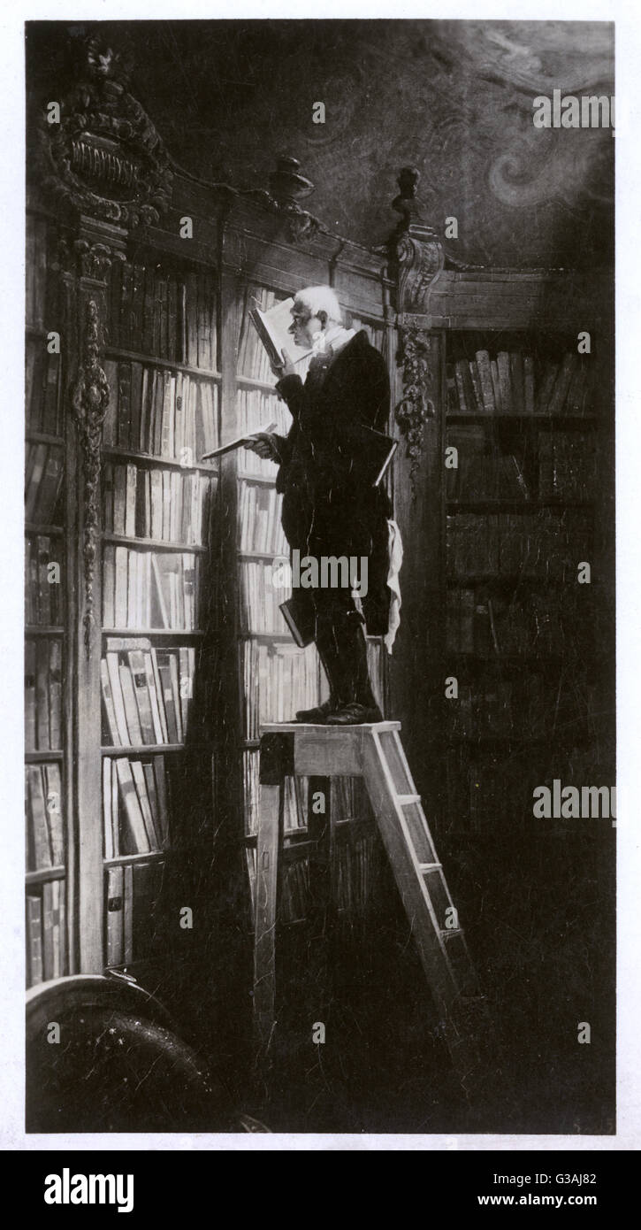 Une reproduction en monochromie de Carl Spitzweg's 'La Bookroom" qui montre une emersed bookworm âgées dans la recherche. Date : 1850 Banque D'Images