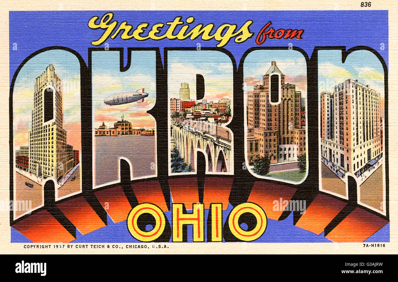 Grande carte de lettres - Salutations d'Akron, Ohio, États-Unis Banque D'Images
