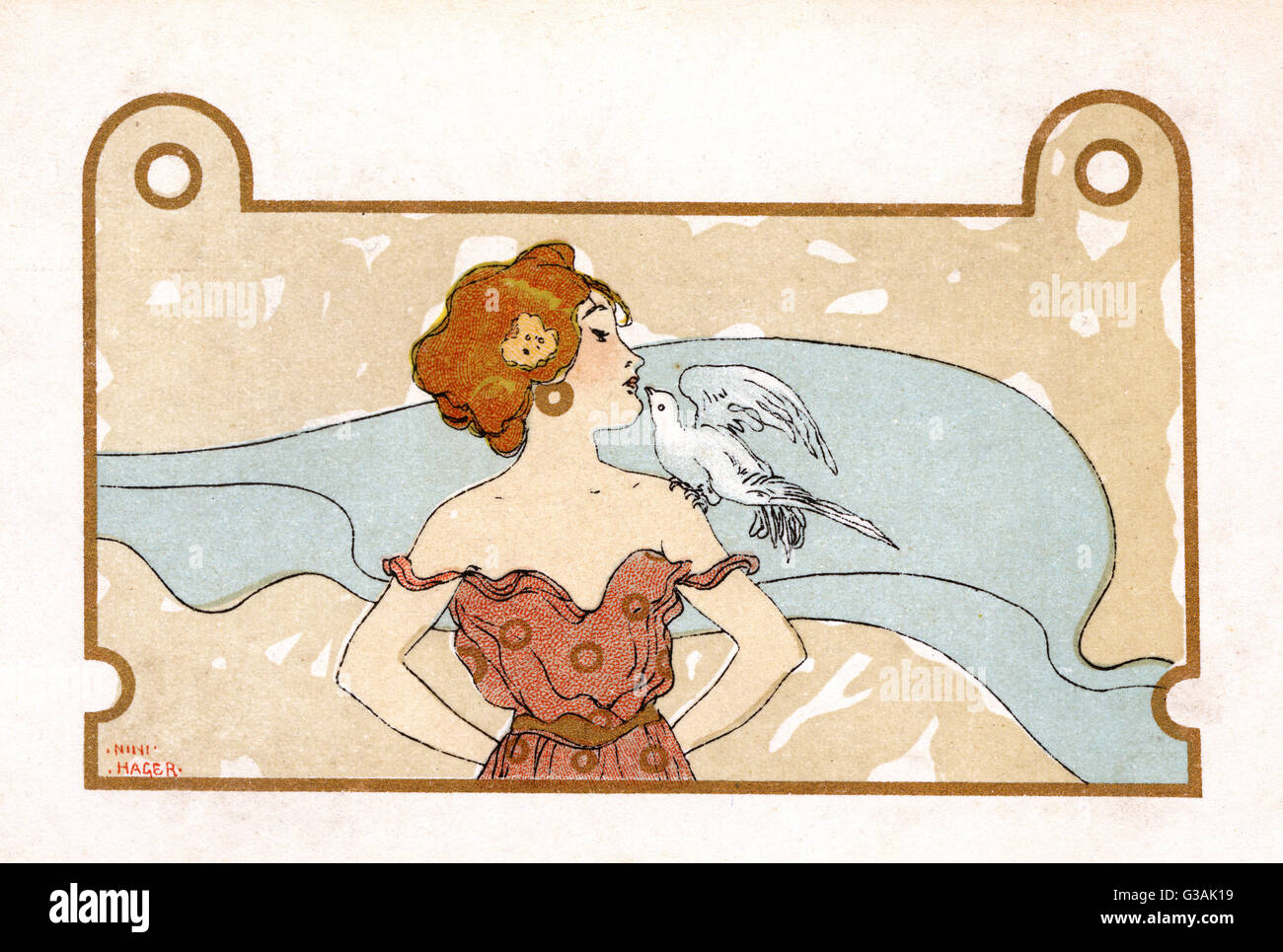 Art nouveau - jolie fille embrassant une colombe blanche Banque D'Images