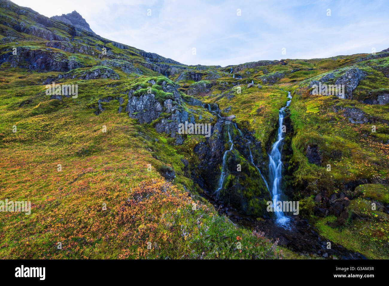 Une petite cascade tombe du côté de la montagne dans l'un des fjords de l'Est de l'Islande, Islande Banque D'Images