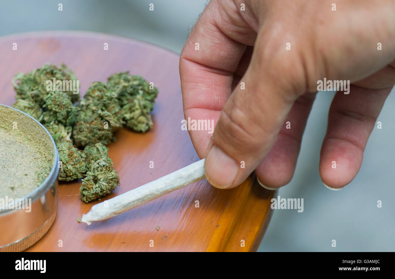 Un homme prend un joint de cannabis à Montréal, août 2014. photo Graham Hughes/Freelance Banque D'Images