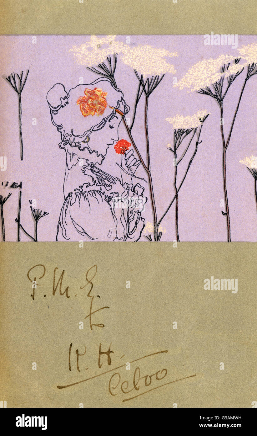 Art Nouveau Girl sentant l'odeur d'une fleur rouge Banque D'Images