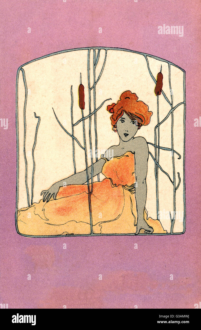 Art Nouveau Girl au milieu des Bullrushes Banque D'Images