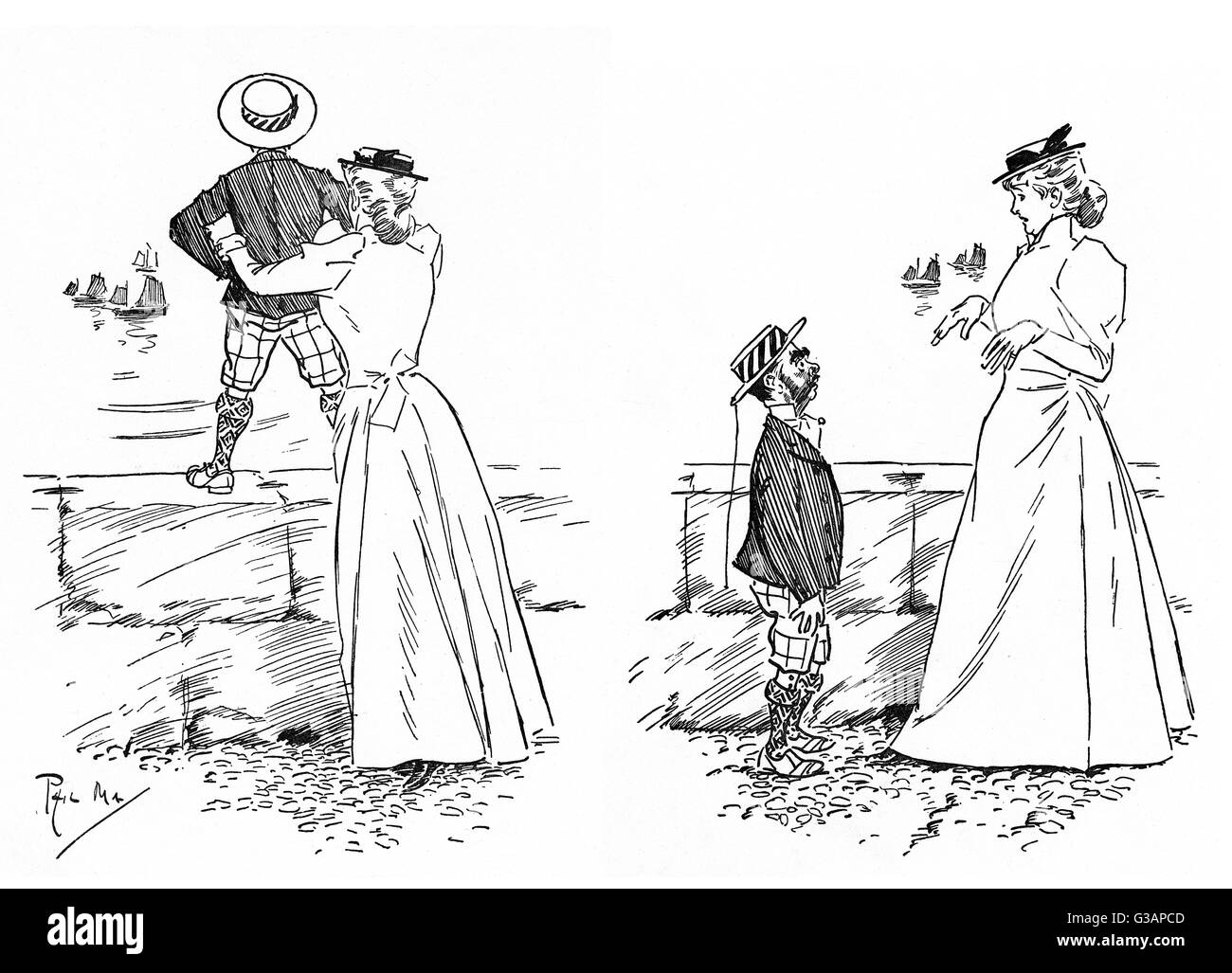 Une erreur d'identité - petit homme et un grand jeune femme "Vous naughty boy, tu vas tomber dessus !" "Oh..." Date : vers 1890 Banque D'Images