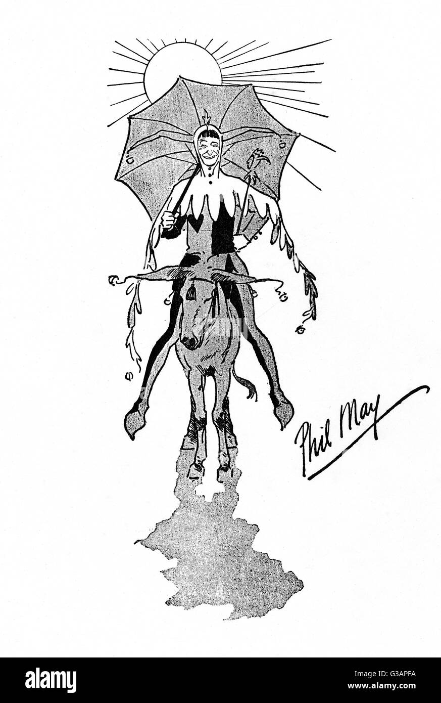 Caricature, Phil May comme Joker qui part sur une mule dans le soleil Banque D'Images