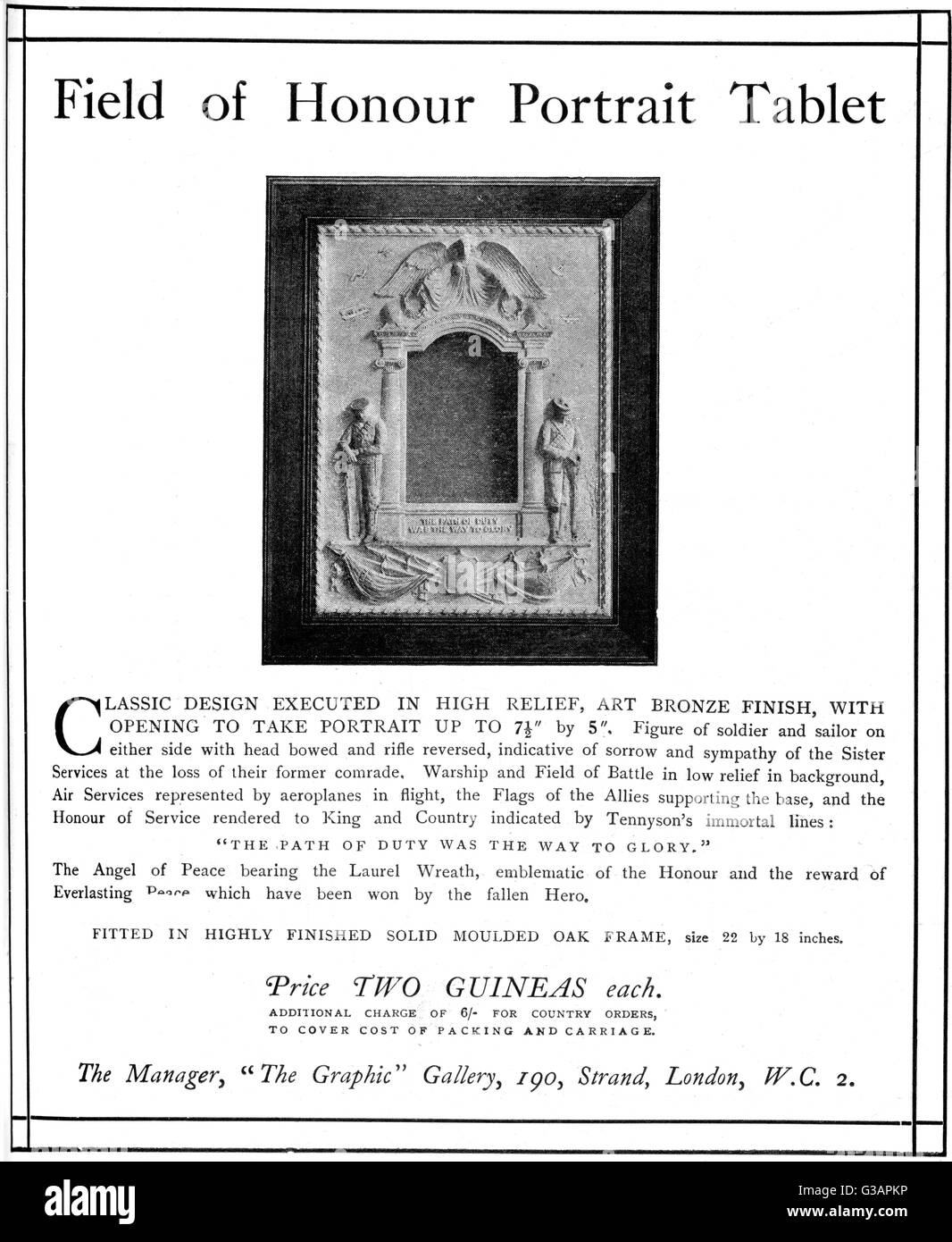 Publicité sur les tablettes de portrait Field of Honor, WW1 Banque D'Images