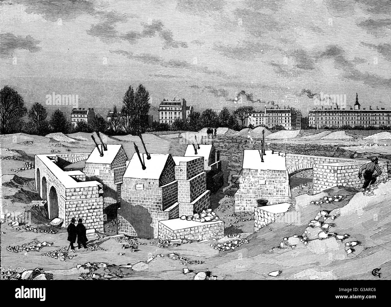 Paris, France - Tour Eiffel, les fondations. Date : 1888 Banque D'Images