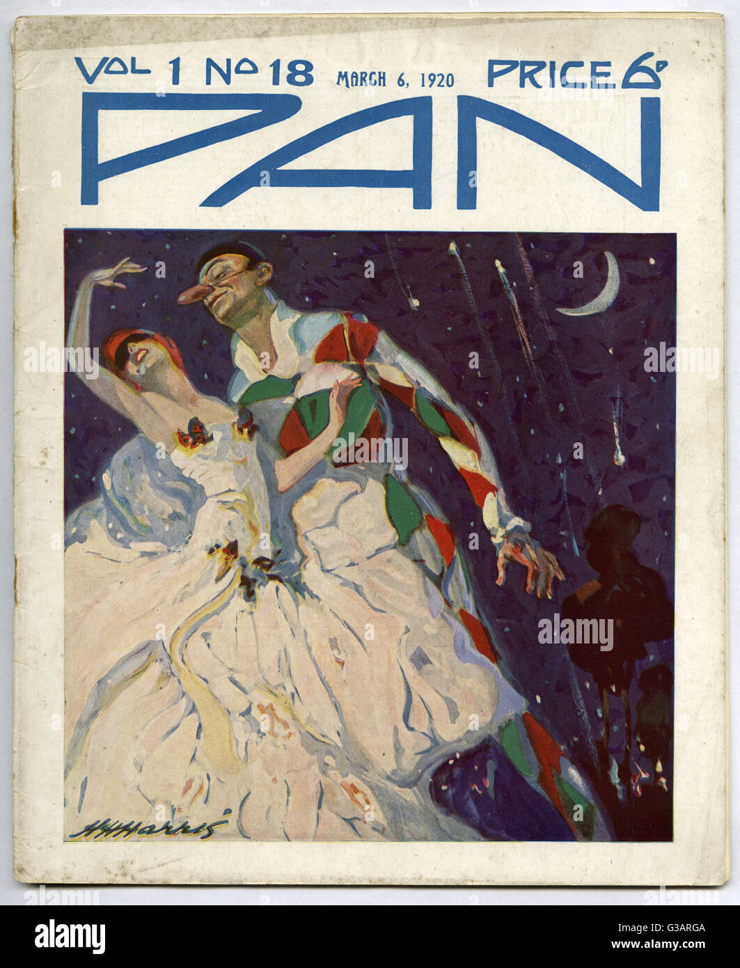 Harlequin et Columbine, dansant sous un ciel au clair de lune Banque D'Images