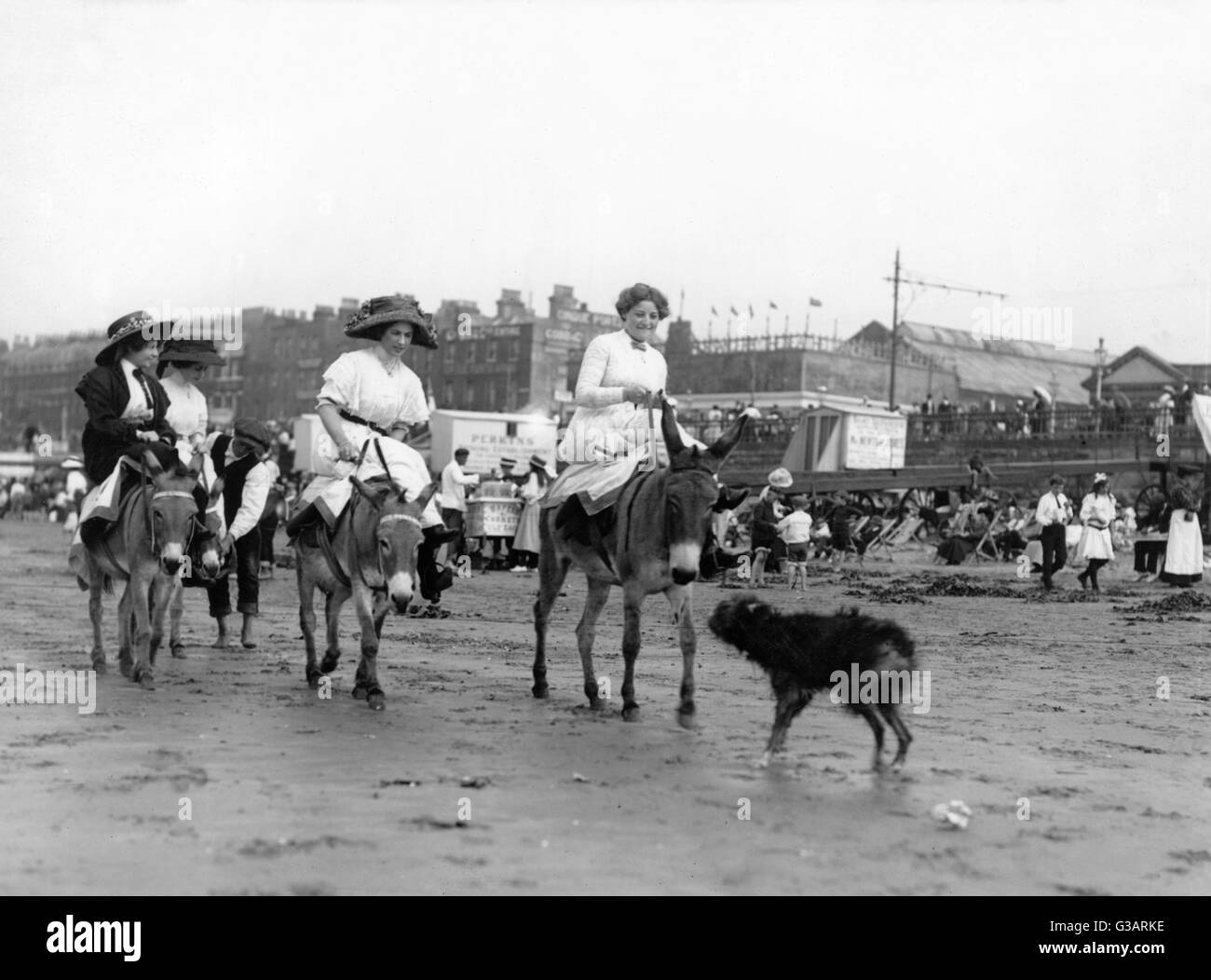 Vacanciers à bord d'ânes sur une plage Banque D'Images