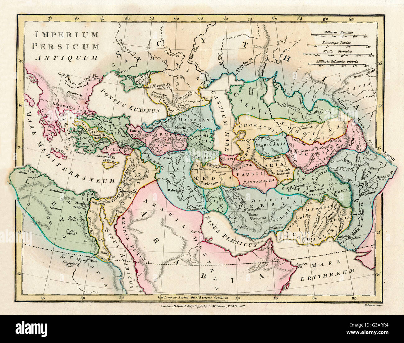 Site de l'Ancien Empire perse, englobant la Grèce au nord-ouest, l'Arabie au sud-est, l'Égypte et la Libye au sud-ouest et en profondeur dans le Caucase du nord est. Date : 1798 Banque D'Images
