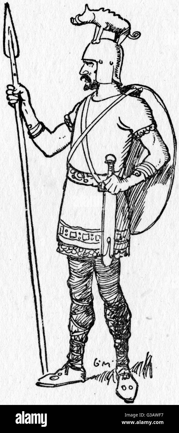 Début de l'époque médiévale guerrier aux sangliers cormoran à Spangelhelm et tenant une lance. Date : vers 14e siècle Banque D'Images