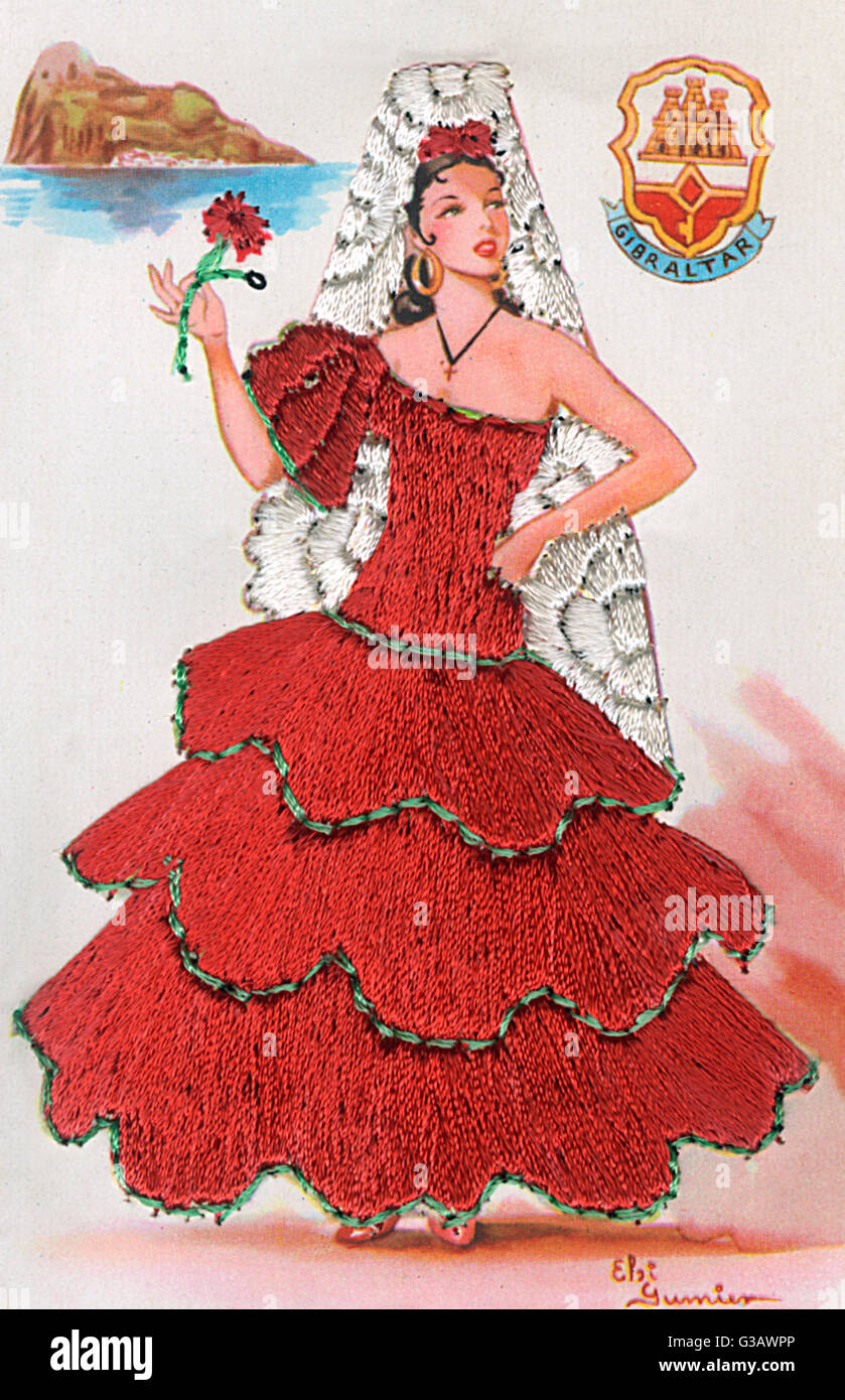 Dame espagnole en robe rouge sur carte de voeux Gibraltar Photo Stock Alamy