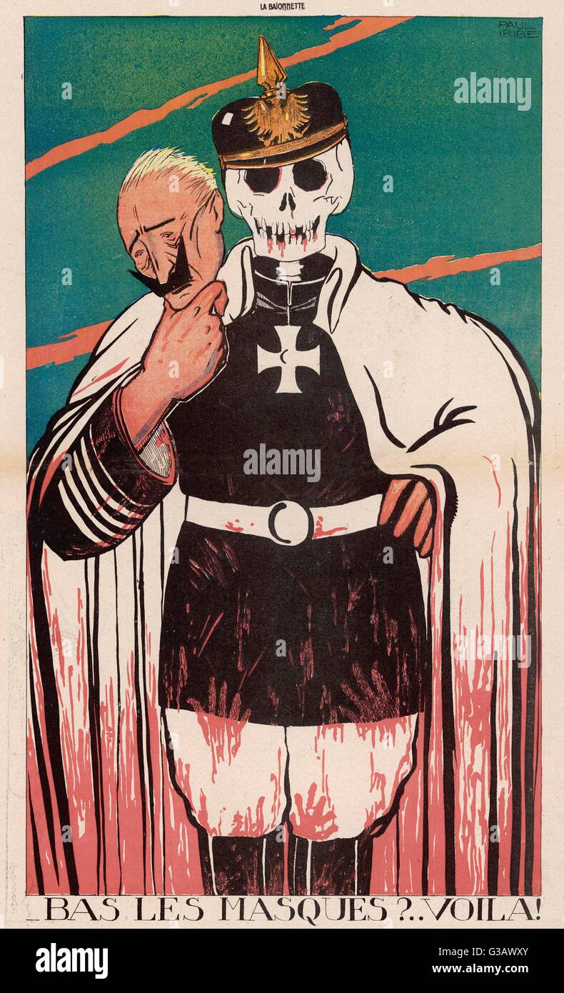 Dessin animé, retrait du masque. Kaiser Wilhelm II enlève son masque pour révéler le crâne en dessous. Date : 1916 Banque D'Images