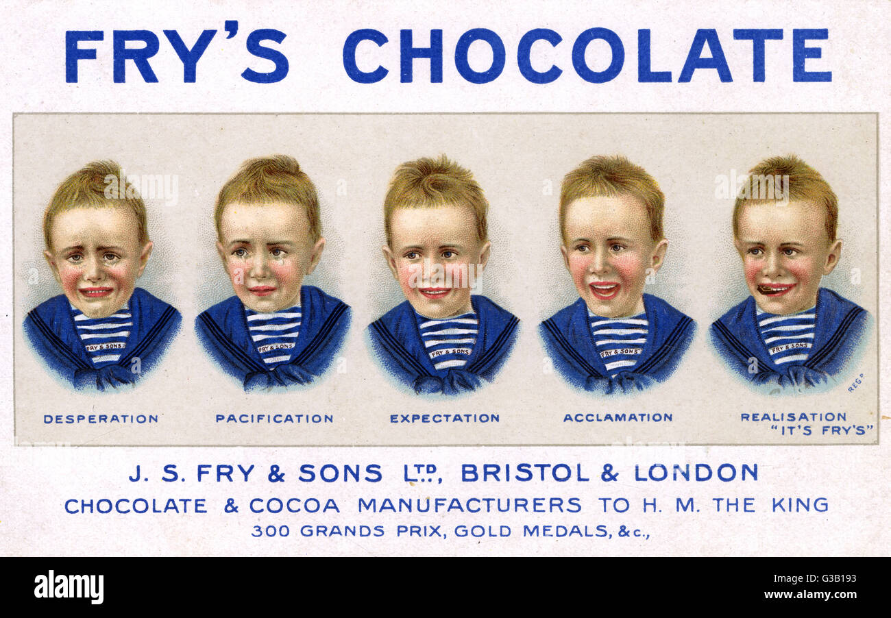 Fry's cinq garçons au chocolat - désespoir, la pacification, attente, Acclamation, réalisation - 'C'est Fry's !' Date : début du xxe siècle Banque D'Images