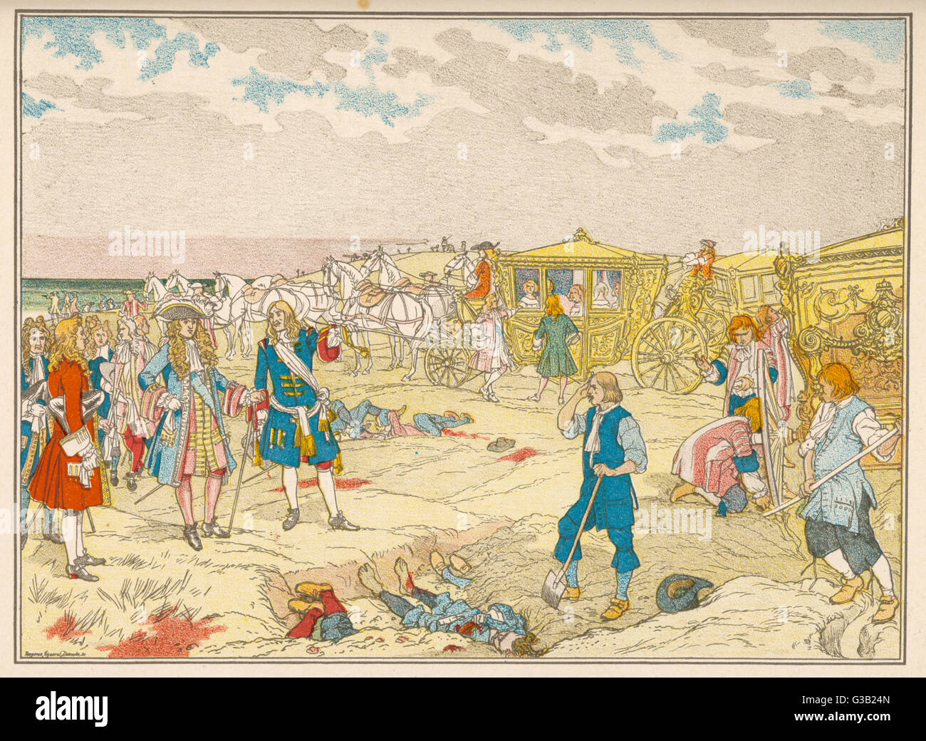 LOUIS XIV arrive dans son chariot de l'état sur le champ de bataille de Les Dunes, où les Espagnols défont avec un peu d'aide de l'anglais Date : 14 Juin 1658 Banque D'Images