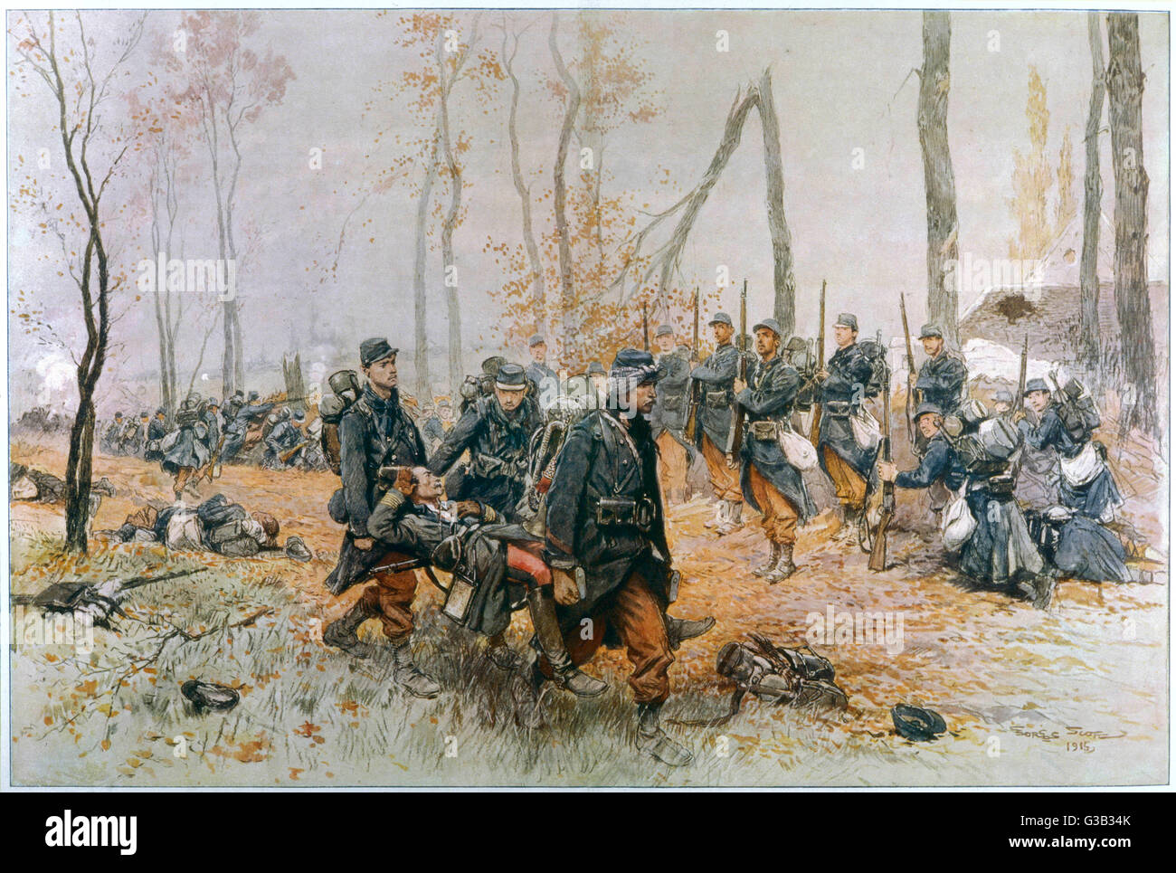 Qui est porté sur une civière par ses camarades, un soldat français mort rend son dernier salut. 1915 Banque D'Images