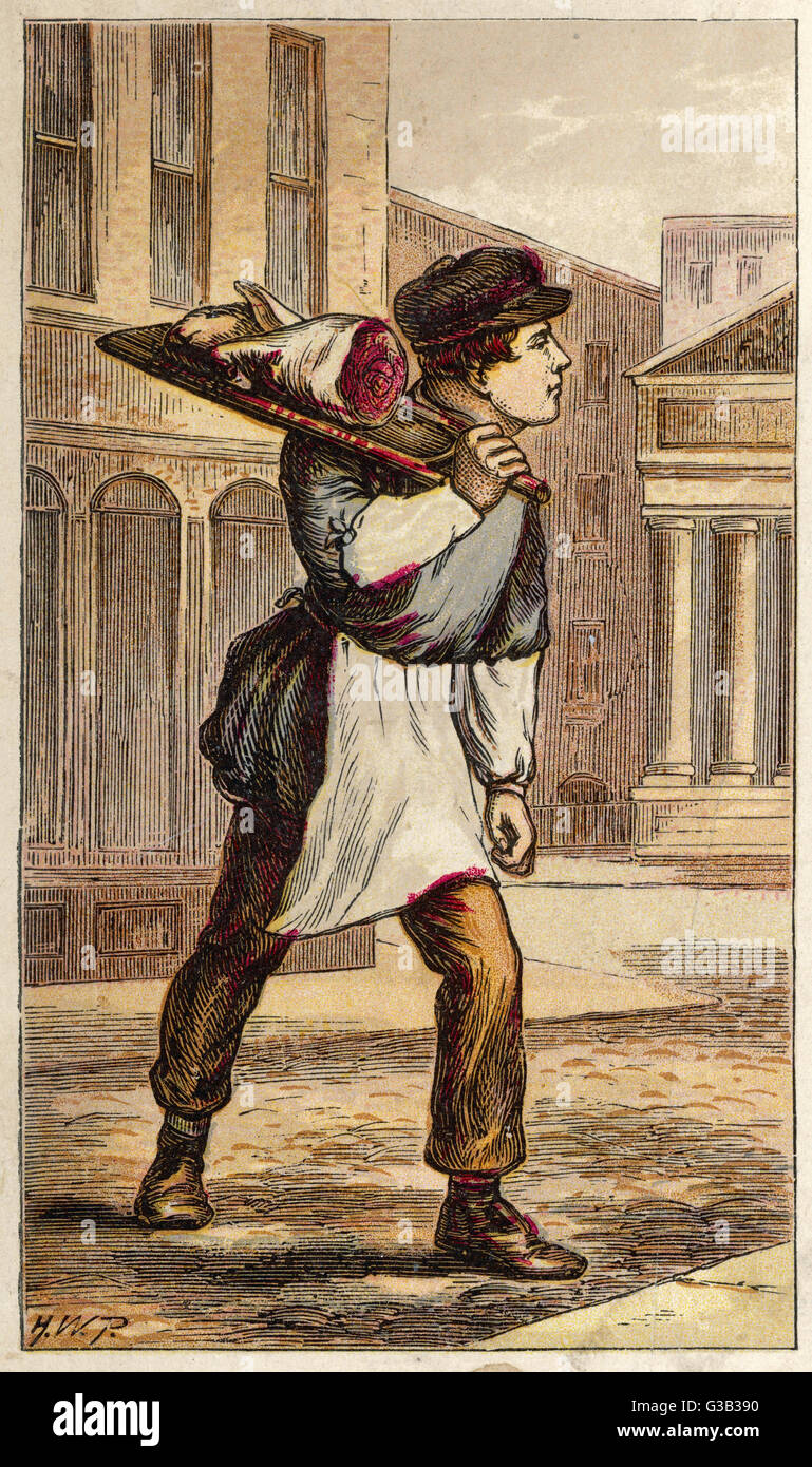 Un garçon de boucher l'exécution d'une commande à pied Date : vers 1880 Banque D'Images