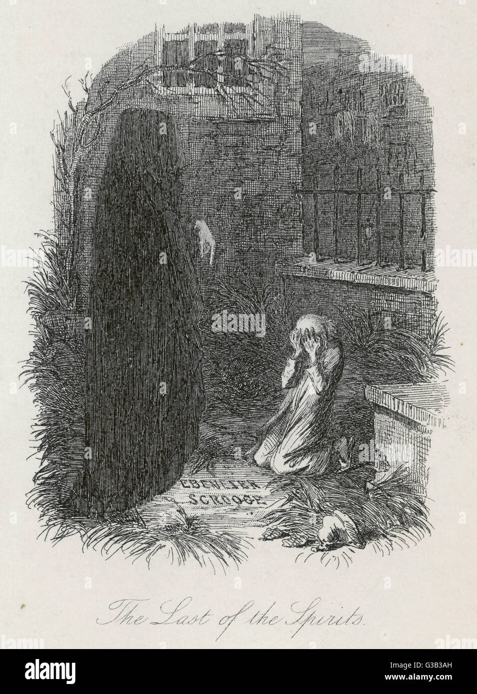 Scrooge est illustré par Pierre sa tombe le dernier esprit Date : Première publication : 1843-44 Banque D'Images