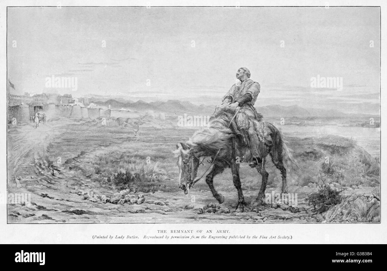 Dr Brydon, le seul survivant du massacre de Kaboul, atteint enfin Jellalabad. Après la gravure peinture 'Vestiges de l'Armée' par Lady Elizabeth Butler. Date : 13 Janvier 1842 Banque D'Images