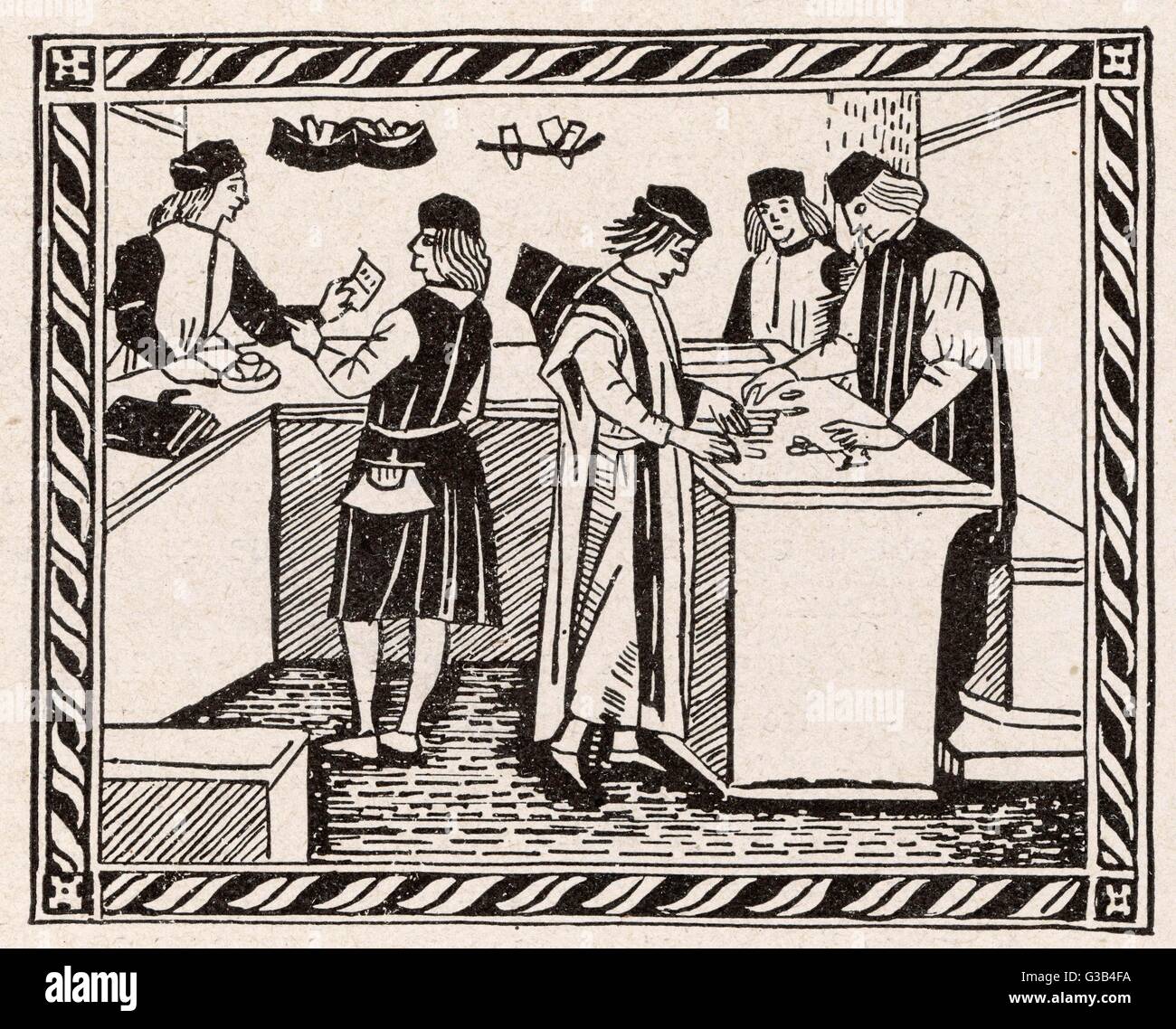 Un établissement bancaire italien, représenté dans un livre sur les pratiques commerciales de la période Date : 15e siècle Banque D'Images