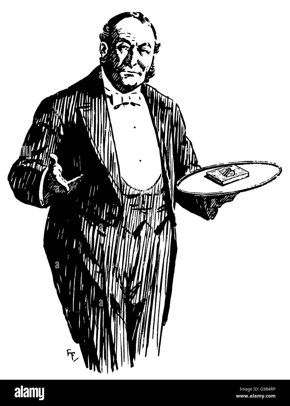 Le butler apporte un paquet de cigarettes sur un plateau Date : vers 1935 Banque D'Images
