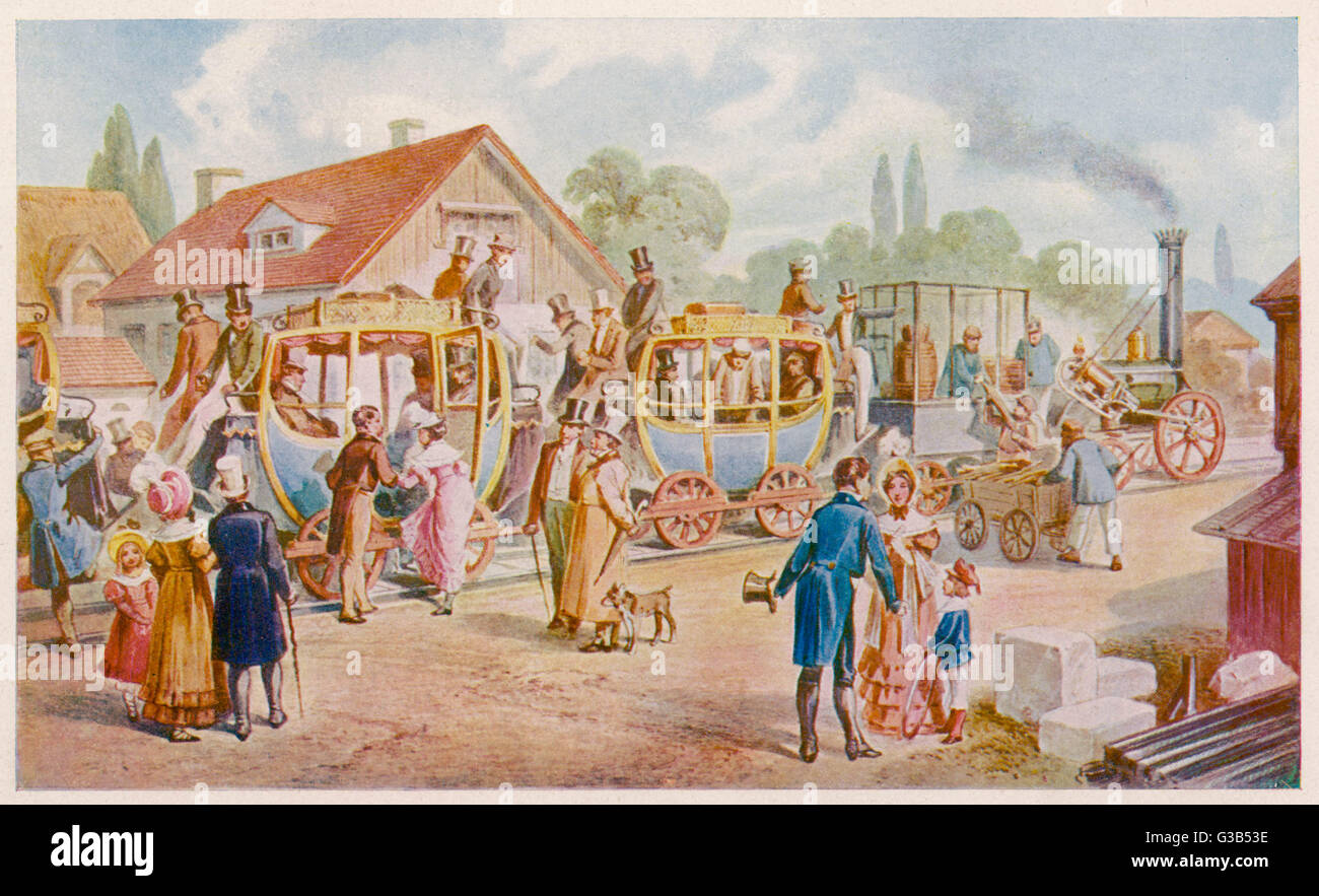 Le CHEMIN DE FER DE LIVERPOOL - Manchester : le départ du premier train de voyageurs, dessiné par Stephenson's 'Rocket' et avec le matériel roulant ressemblant à des voitures de route Date : 15 Septembre 1830 Banque D'Images