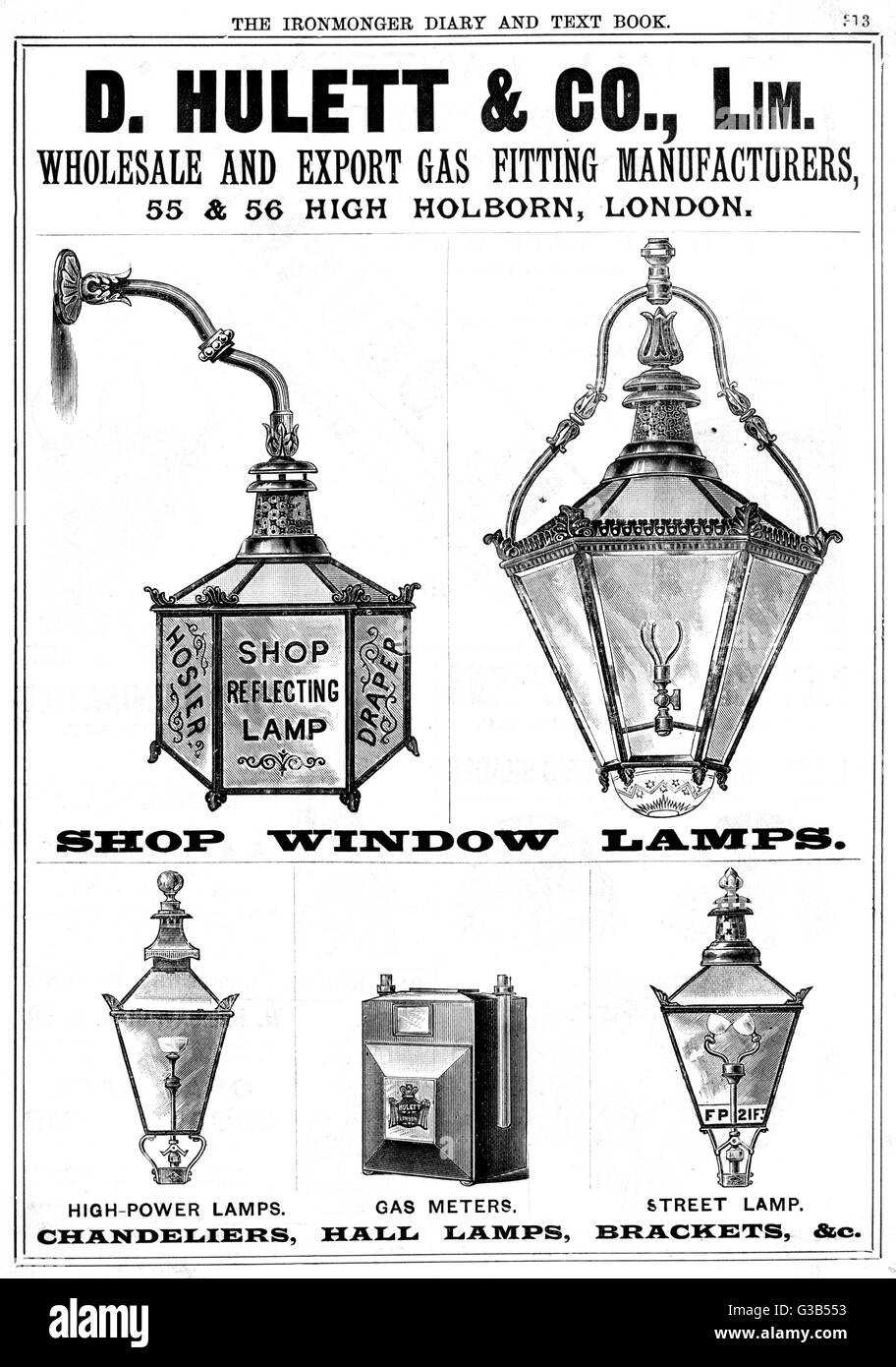 Adver for D. Hulett & Co Gas Street LAMPS 1889 Banque D'Images