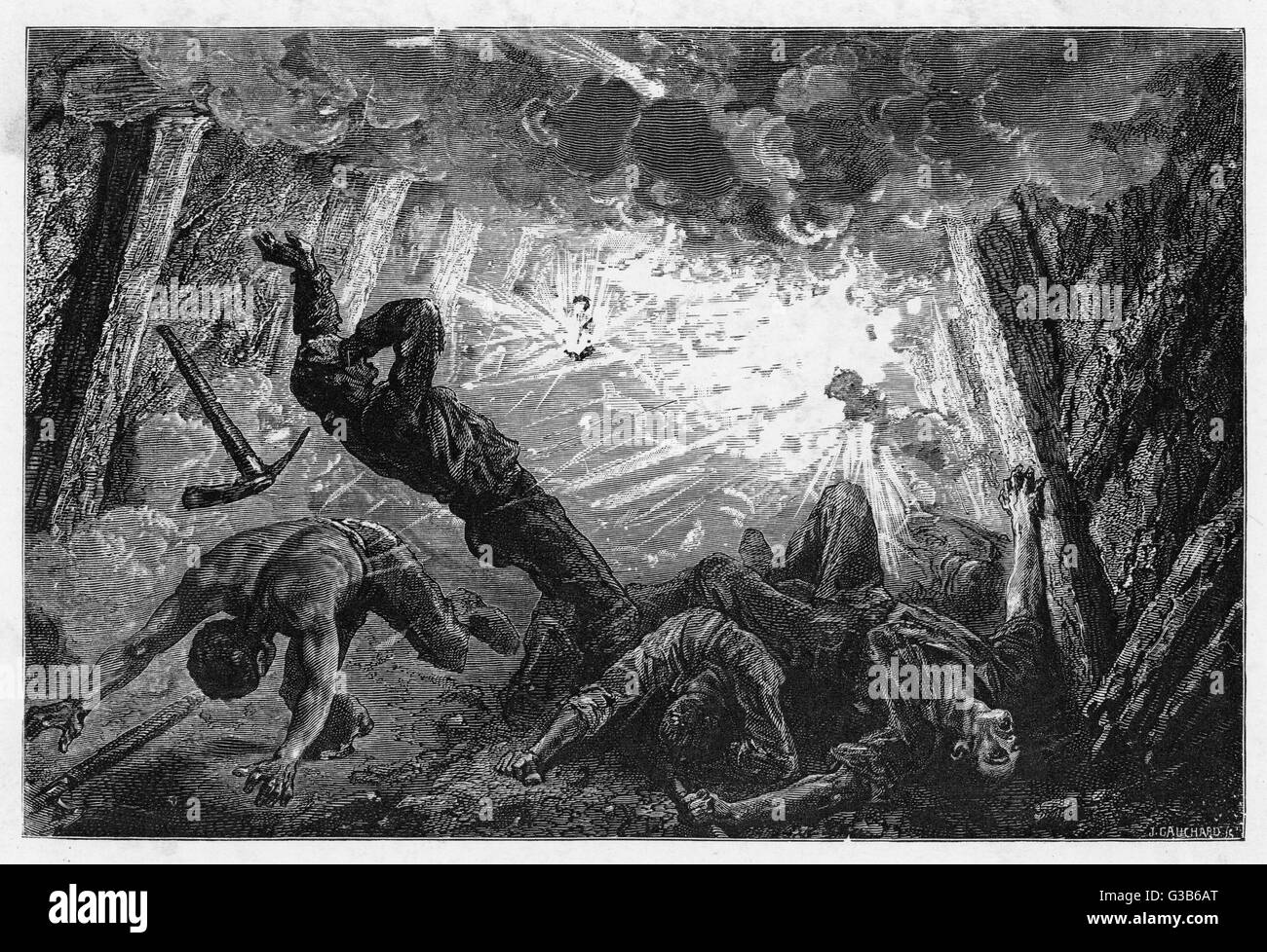 Une explosion de grisou dans une mine de charbon. Date : 1869 Banque D'Images