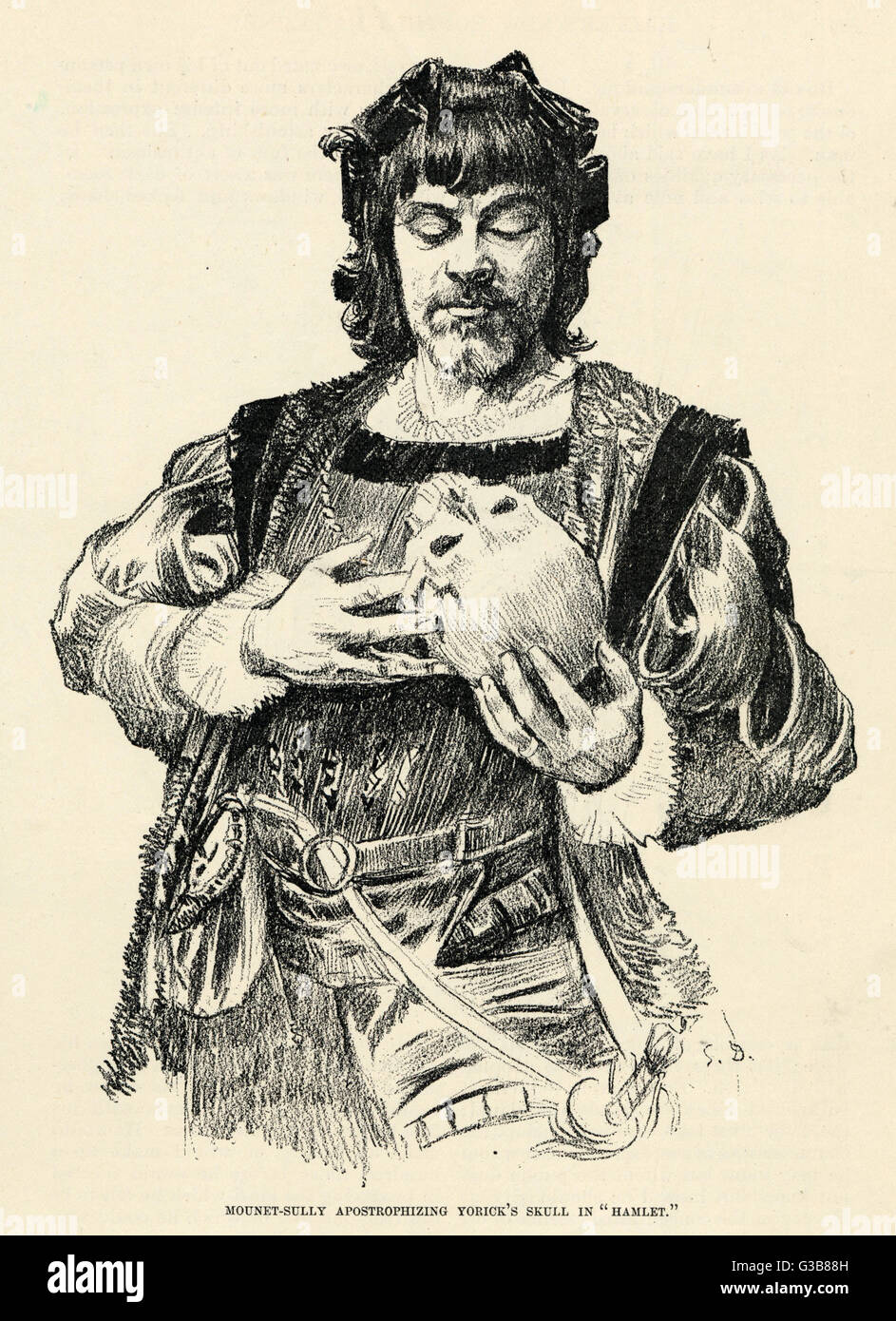 L'acteur français, Mounet Sully-, dans le rôle d'Hamlet, apostrophizing le crâne de Yorick Date : 1887 Banque D'Images