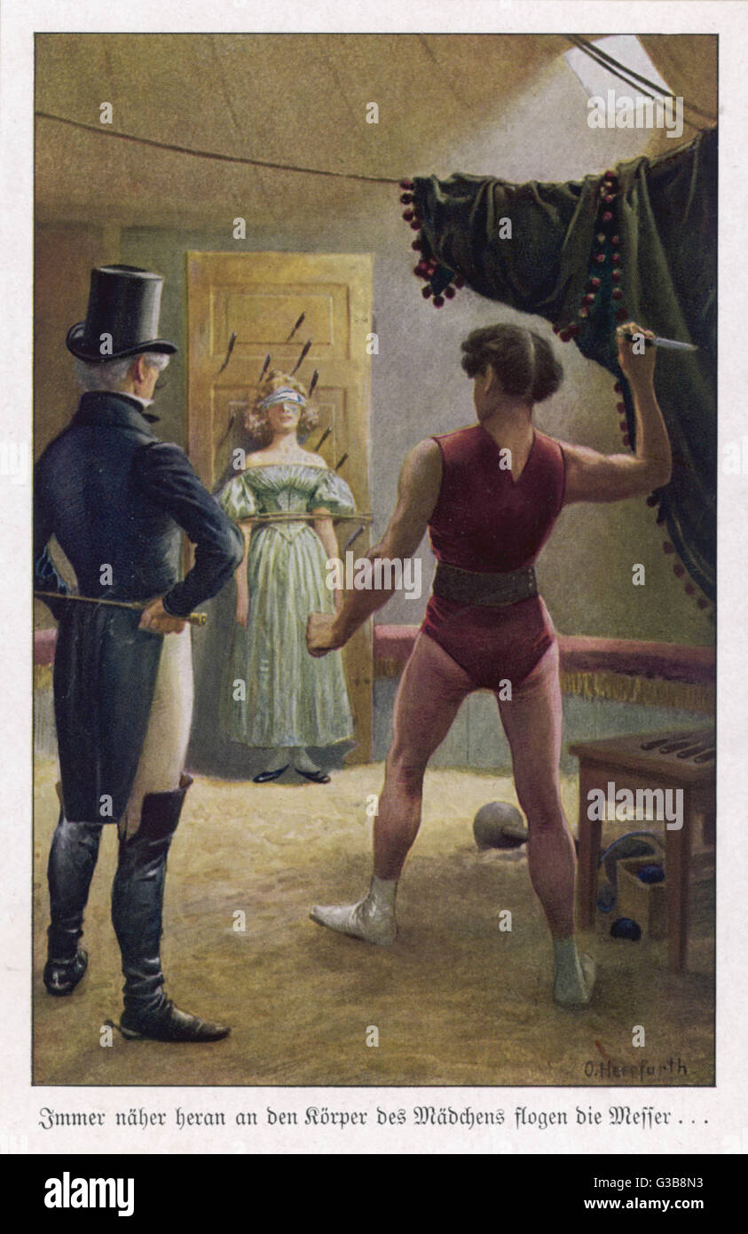 Un lanceur de couteaux en danseur-se prépare à lancer une autre lame à son assistant les yeux bandés qui est lié à s'assurer qu'elle n'a pas flancher accidentellement Date : vers 1880 Banque D'Images