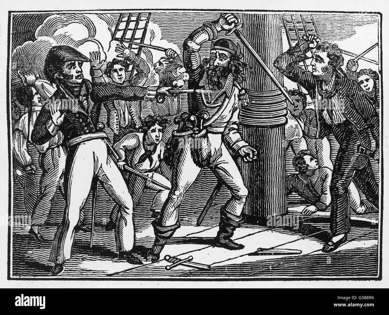 Le pirate Blackbeard (de son vrai nom Edward Teach) repousse une tentative de le capturer. Date : vers 1720 Banque D'Images