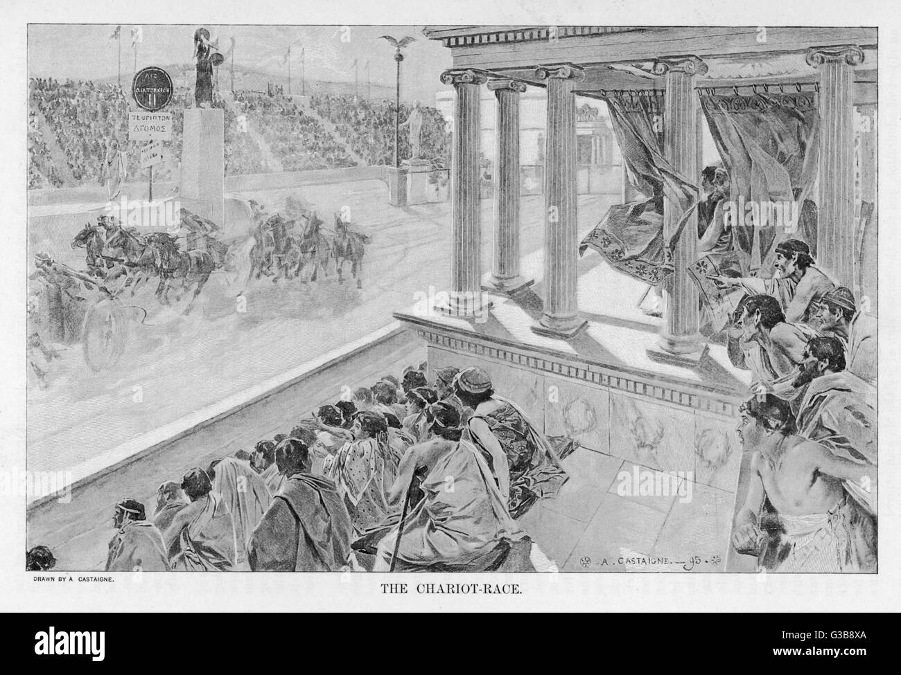 Une course de chars a lieu, suivi par une grande foule avec impatience. Date : ancien Banque D'Images