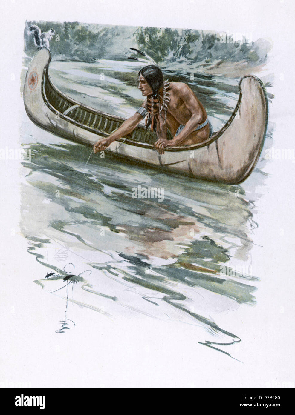 L'Iroquois d'un canot de pêche homme Date : début du xxe siècle Banque D'Images