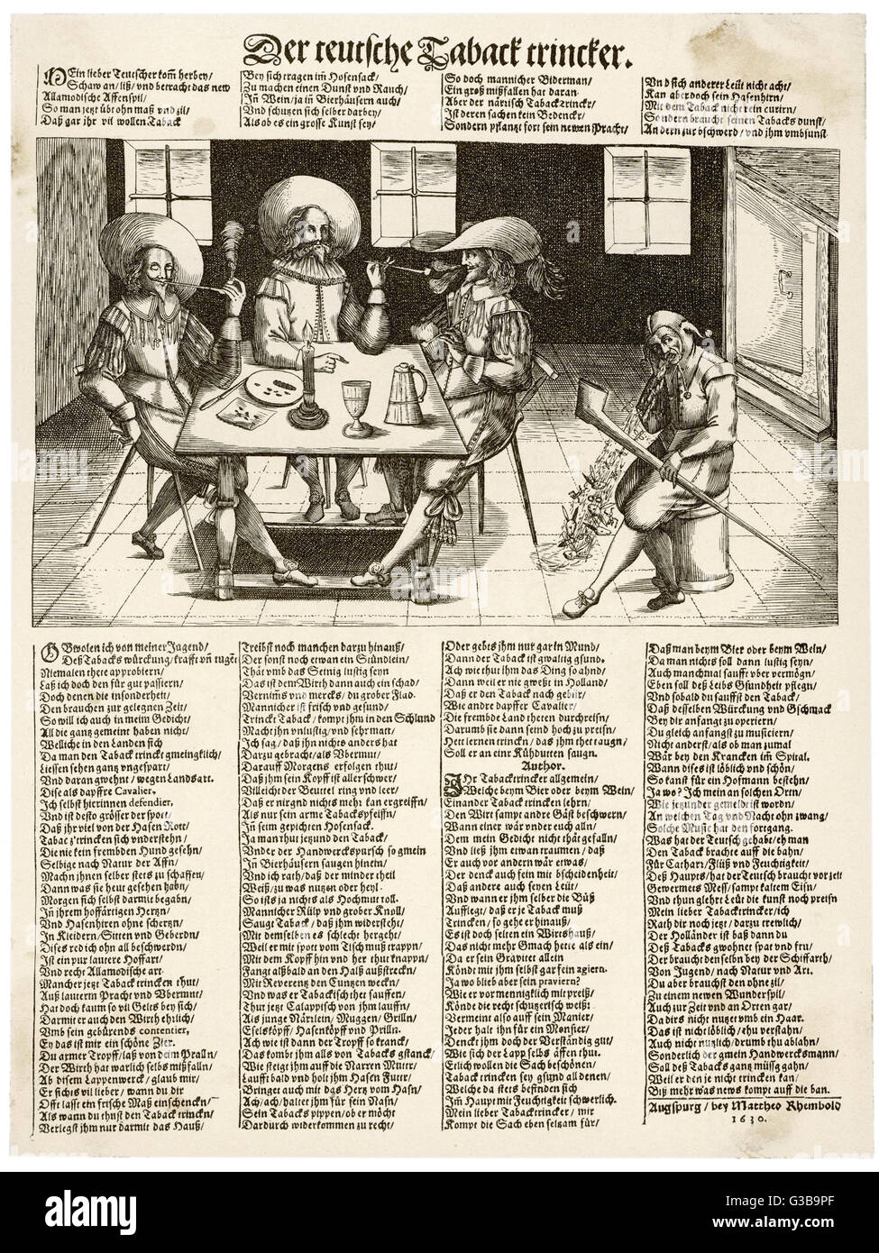 Trois chaps élégante fumeurs s'asseoir autour d'une table, comme un homme dans le costume d'un bouffon qui vomit abondamment. Date : 1630 Banque D'Images