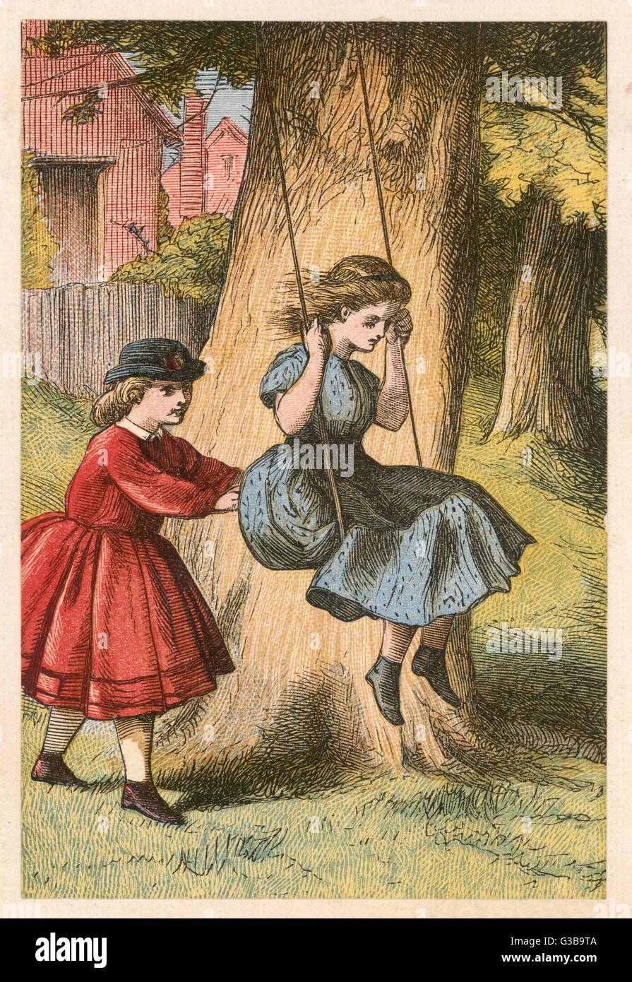 Poussé par sa compagne, une fille joue sur une balançoire. Date : vers 1860 Banque D'Images