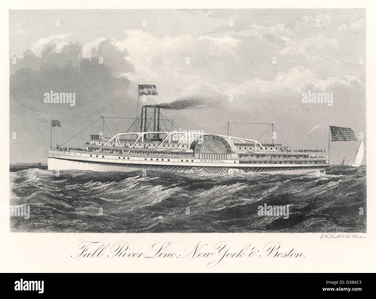 Bateau à aubes de la rivière Fall Line, sillonnant entre New York et Boston Date : 1876 Banque D'Images