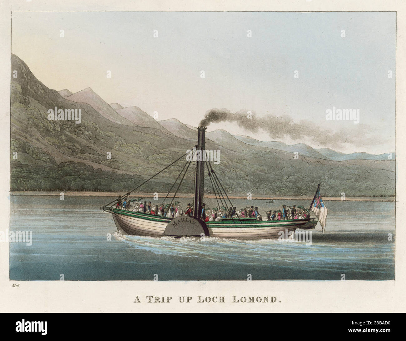 La 'Marion' vapeur à aubes transporte excursionnistes cruising parmi les banques de bonny bonny Loch Lomond. Date : 1825 Banque D'Images