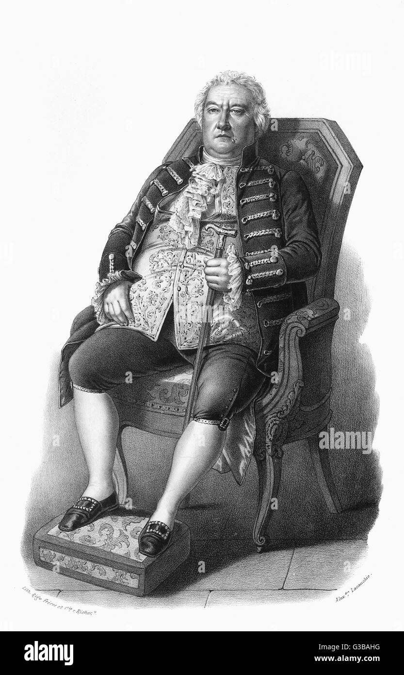 Plutôt un homme avec une stout stern expression sur son visage est assis sur une chaise avec une canne et avec ses pieds sur un repose-pied rembourrée Date : 18e siècle Banque D'Images