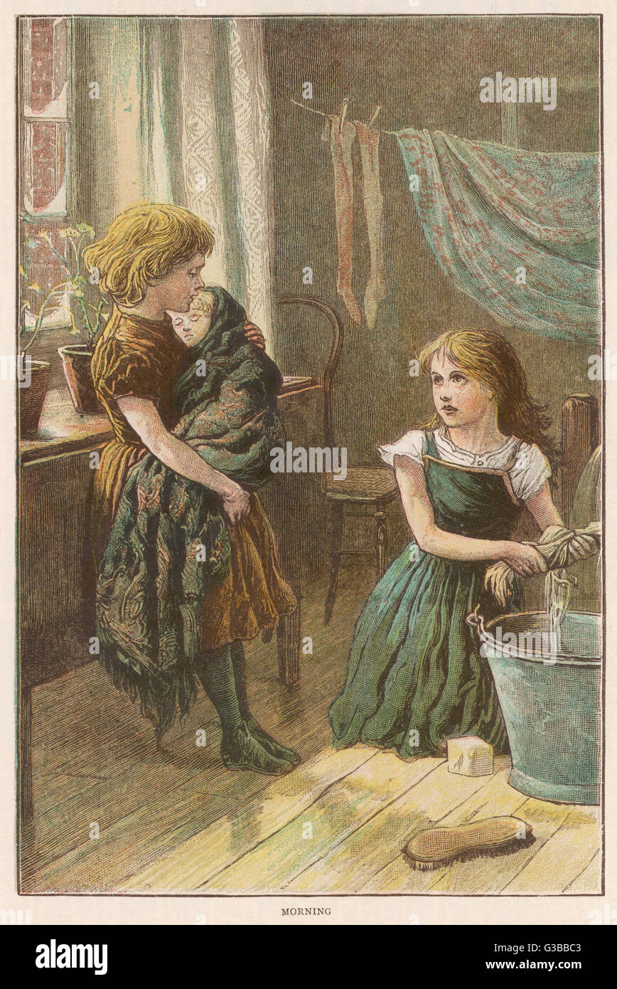 Deux Petites Filles Alors Que L On Possede Le Bebe L Autre Frotte Le Sol Date 11 Photo Stock Alamy
