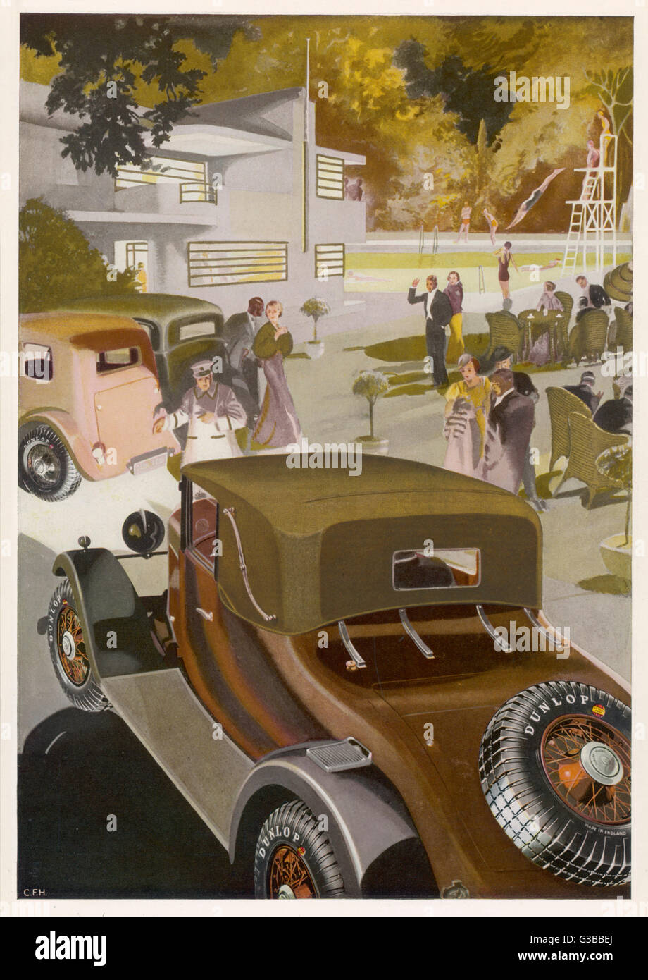 Publicité pour les pneus Dunlop montrant un certain nombre de voitures tracer jusqu'à une chambre très moderne (ou peut-être club house) où une fête en plein air est en cours. Les gens en tenue de soirée autour de l'usine et saluent pendant qu'en arrière-plan, plus de types actifs Banque D'Images