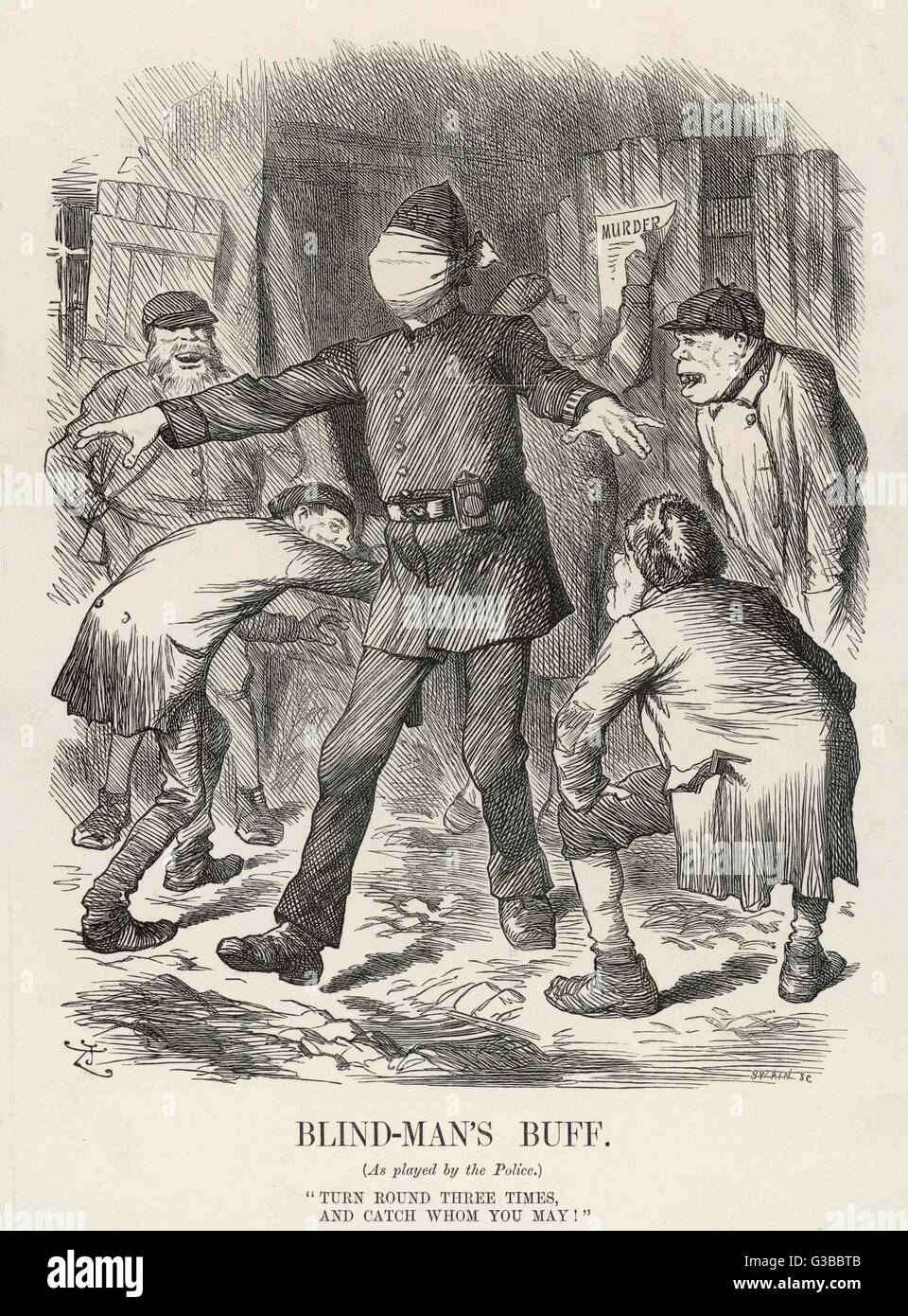 Satire réagissant sur l'incompétence de la police avec référence à la Jack l'Eventreur meurtre enquête. Blind Man's buff - tour 3 fois et les captures qui vous pouvez. Date : 1888 Banque D'Images