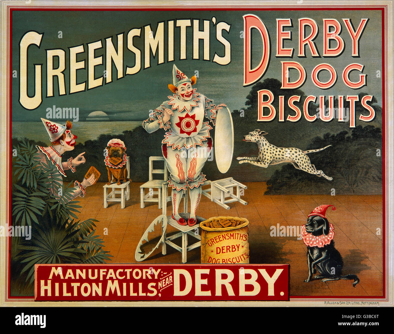 Les chiens du cirque publicité Greensmith Derby biscuits pour chiens. Date : vers 1890 Banque D'Images